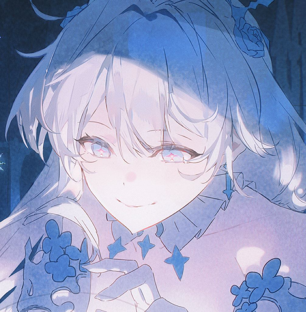 1girl, ahoge, blue_eyes, blue_flower, commentary_request, detached_collar, detached_sleeves, earrings