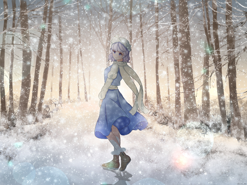 1girl, blue_skirt, blue_vest, boots, brown_boots, cattleya_(a_yel_ttac), commentary, forest