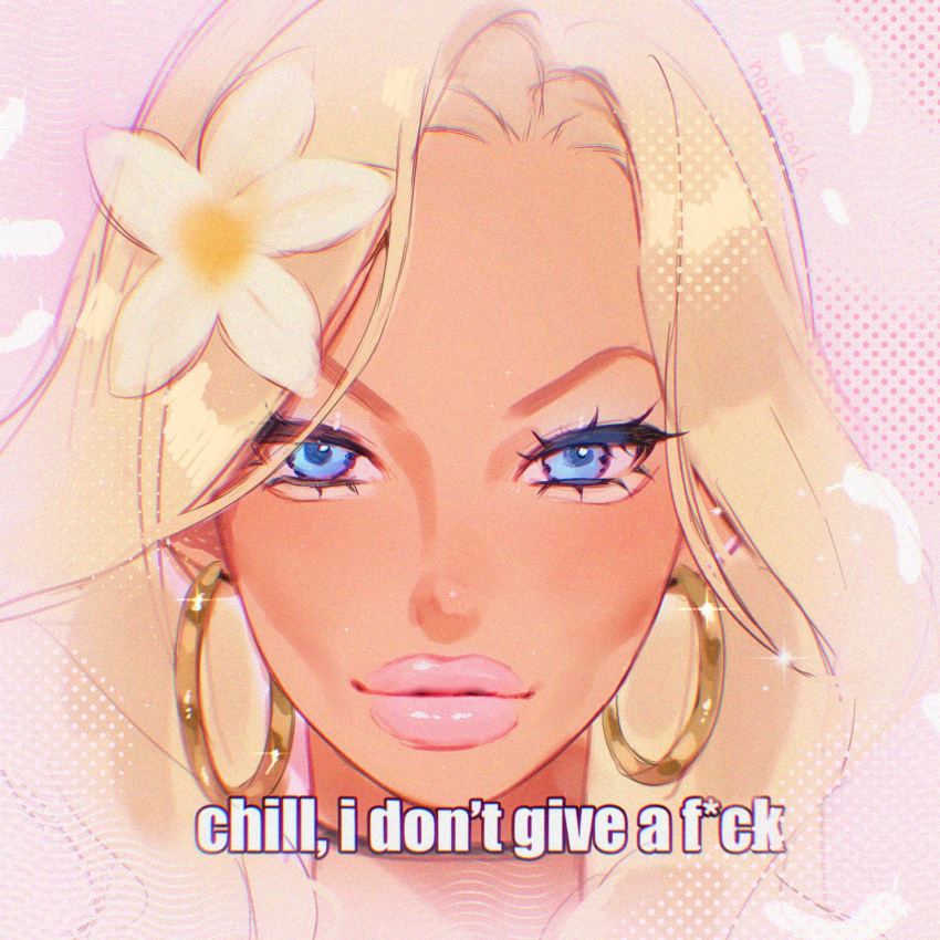 1girl, aegyo_sal, blonde_hair, blue_eyes, cheekbones, chromatic_aberration, closed_mouth, earrings
