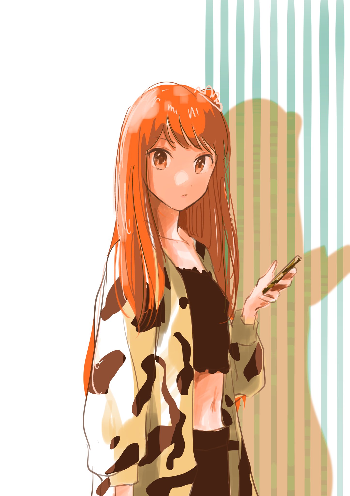 1girl, black_skirt, black_tank_top, cellphone, closed_mouth, highres, hima-ten!, holding, holding_phone, jacket, long_hair, looking_at_viewer, navel, orange_eyes, orange_hair, phone, skirt, smartphone, solo, stomach, tank_top, tono_kagetora, unfinished, upper_body, very_long_hair, white_background, yellow_jacket, yoshino_himari