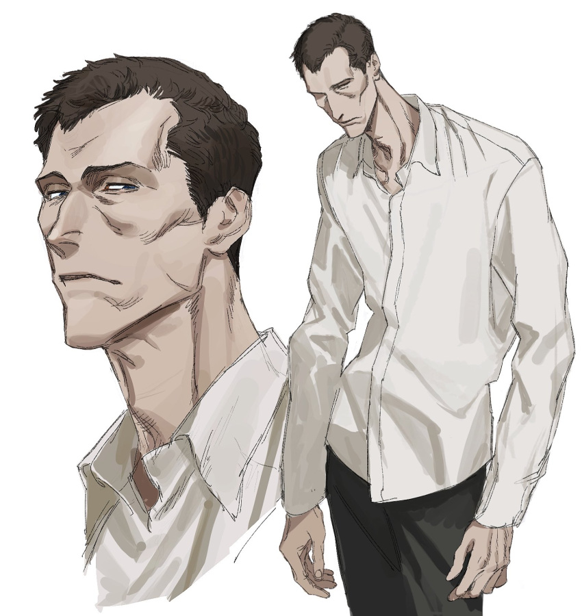 1boy, black_pants, blue_eyes, brown_hair, closed_mouth, collared_shirt, highres, long_arms, long_neck, long_sleeves, looking_at_viewer, looking_down, male_focus, no_i'm_not_a_human, pants, receding_hairline, shirt, short_hair, simple_background, solo, tall_guy_(no_i'm_not_a_human), tall_male, tgp_99, white_background, white_shirt
