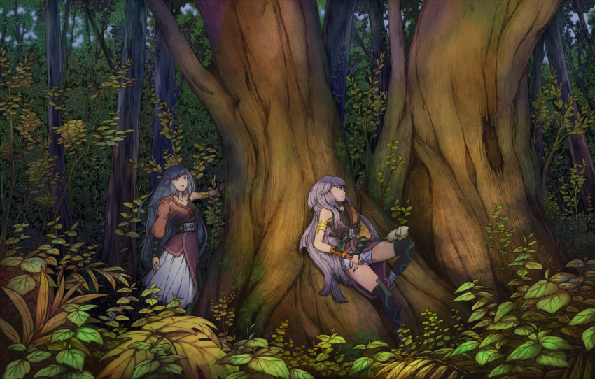 against_tree, animal, armlet, asymmetrical_clothes, asymmetrical_clothing, belt, black_legwear, blue_hair