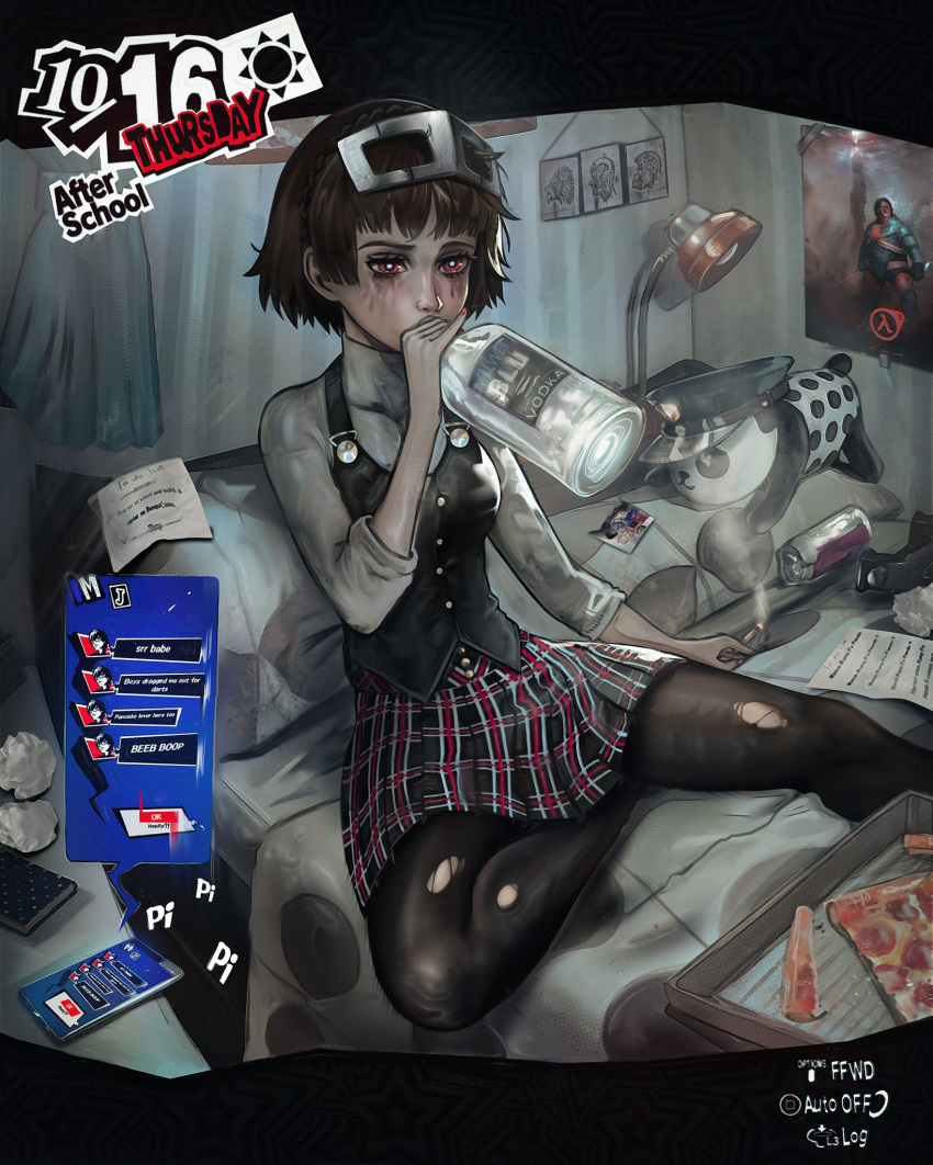 alcohol, bed, black_vest, braid, chapinor, cigarette, crown_braid, drinking