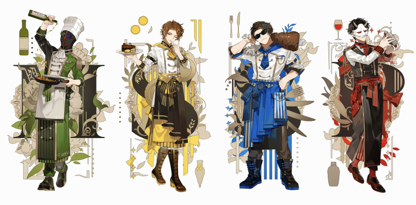 4boys, alcohol, apron, arm_up, ascot, balaclava, bartender, black_apron