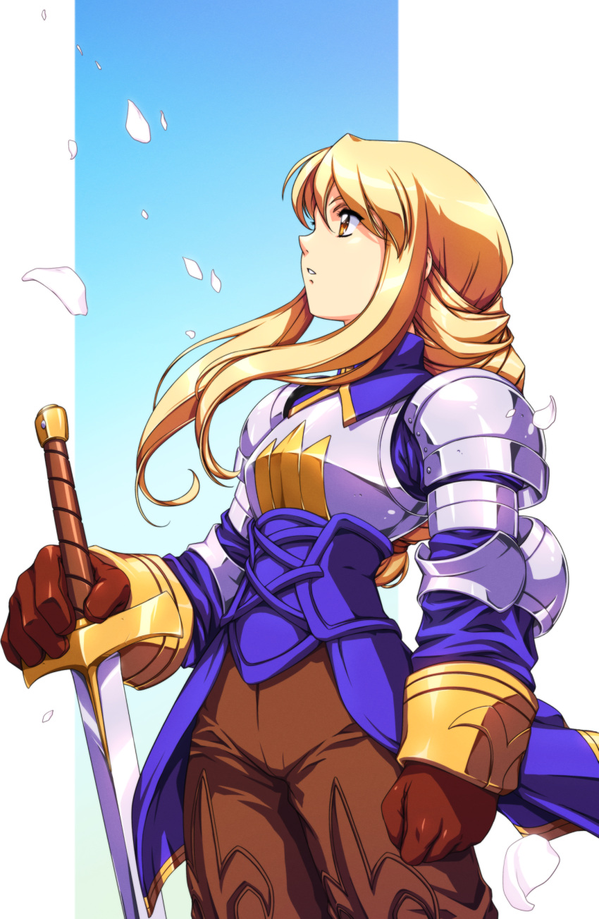 1girl, agrias_oaks, arm_armor, armor, blonde_hair, blue_background, blue_shirt, breastplate