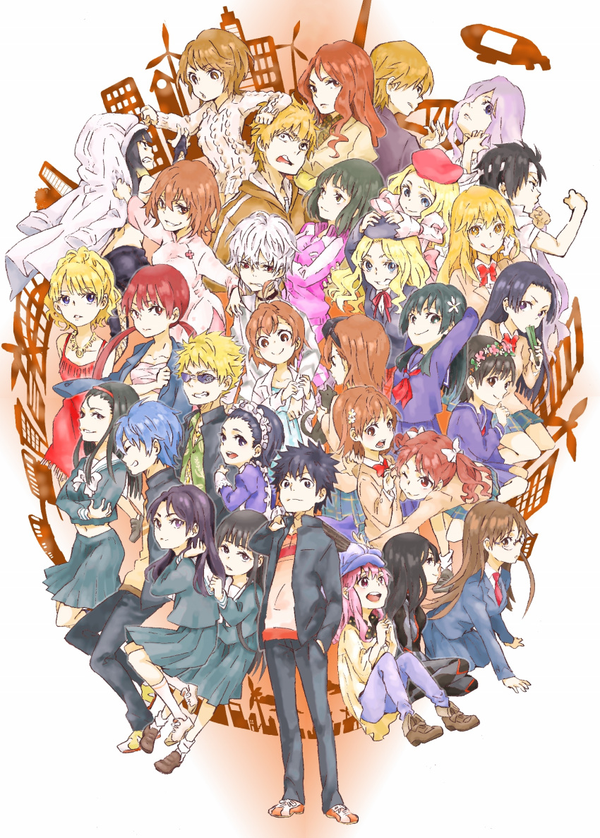 6+boys, 6+girls, :3, :d, :q, a_certain_high_school_uniform, academy_city, accelerator_(toaru_majutsu_no_index), age_difference, ahoge, aircraft, albino, animal, ankle_socks, ao_dai, aogami_pierce, apron, aran_sweater, arm_hug, arm_support, arms_behind_head, ascot, bandaged_chest, bare_arms, bare_shoulders, beret, black_cat, black_choker, black_eyes, black_hair, black_hat, black_jacket, black_pants, blazer, blonde_hair, blue_dress, blue_eyes, blue_hair, blue_pants, blush, bodysuit, bow, bowtie, breasts, bright_pupils, brother_and_sister, brown_ascot, brown_eyes, brown_hair, brown_jacket, brown_shoes, cable_knit, cat, chest_sarashi, child, choker, clenched_hands, clenched_teeth, closed_mouth, coat, coat_on_head, collar, collarbone, collared_shirt, commentary, cross-laced_clothes, cross-laced_pants, crossed_arms, diagonal-striped_clothes, diagonal-striped_shirt, dirigible, dot_nose, dress, electrodes, everyone, eyewear_on_head, fan_to_mouth, flower, flower_hairband, flower_hairpin, folded_fan, folding_fan, fraulein_kreutune, fremea_seivelun, frenda_seivelun, frilled_apron, frilled_hairband, frills, fukiyose_seiri, full_body, gakuran, glasses, gloves, goggles, goggles_on_head, gokusai_kaibi, grey_bodysuit, grey_hair, grey_shirt, grey_skirt, grin, hair_between_eyes, hair_bow, hair_flower, hair_ornament, hair_over_one_eye, hairband, hamazura_shiage, hand_fan, hand_in_pocket, hand_on_another's_head, hand_on_another's_shoulder, hand_up, hands_up, hat, hawaiian_shirt, headband, height_difference, highres, himegami_aisa, holding, holding_animal, holding_another's_arm, holding_cat, holding_fan, hood, hood_down, hug, item_(toaru), jacket, jacket_on_shoulders, kakine_teitoku, kamijou_touma, kazakiri_hyouka, kinuhata_saiai, kirigaoka_girls'_academy_school_uniform, kneehighs, kongou_mitsuko, kumokawa_seria, kuroyoru_umidori, lace-up_legwear, lace-up_pants, last_order_(toaru_majutsu_no_index), level_5_(toaru), light_blush, loafers, long_hair, long_sleeves, looking_at_another, looking_at_viewer, low_twintails, maid, maid_apron, maid_headdress, mecha_pilot_suit, medium_breasts, medium_hair, medium_skirt, meigo_arisa, messy_hair, midriff, miniskirt, misaka_imouto, misaka_imouto_10032, misaka_imouto_10032's_cat, misaka_mikoto, misaka_worst, mugino_shizuri, multiple_boys, multiple_girls, musujime_awaki, nappa_(parodymarket), navel, neck_ribbon, neckerchief, necktie, newsboy_cap, night_vision_device, open_clothes, open_jacket, open_mouth, open_shirt, orange_eyes, pants, parted_lips, partially_unbuttoned, pink_dress, pink_eyes, pink_flower, pink_hair, pink_jacket, pink_pants, pink_track_suit, plaid_clothes, plaid_skirt, pleated_skirt, polka_dot, polka_dot_dress, purple_sailor_collar, purple_serafuku, purple_shirt, purple_skirt, red_bow, red_bowtie, red_dress, red_eyes, red_hair, red_hairband, red_hat, red_neckerchief, red_necktie, red_ribbon, red_skirt, ribbon, sailor_collar, sakugawa_school_uniform, sarashi, saten_ruiko, school_uniform, serafuku, shirai_kuroko, shirt, shoes, shokuhou_misaki, short_dress, short_hair, shoutaura_sequenzia, siblings, sidelocks, sisters, sitting, skirt, sleeveless, sleeveless_dress, smile, sneakers, socks, sogiita_gunha, sparkle, spiky_hair, standing, star-shaped_pupils, star_(symbol), stomach, striped_clothes, striped_shirt, sunglasses, sweater, sweater_dress, symbol-shaped_pupils, takitsubo_rikou, teeth, toaru_kagaku_no_railgun, toaru_majutsu_no_index, toaru_majutsu_no_index:_endymion_no_kiseki, toaru_majutsu_no_index:_new_testament, toaru_majutsu_no_index:_old_testament, tokiwadai_school_uniform, tongue, tongue_out, track_jacket, track_suit, tsuchimikado_maika, tsuchimikado_motoharu, twintails, uiharu_kazari, upper_teeth_only, wavy_hair, white_background, white_bow, white_coat, white_dress, white_flower, white_gloves, white_hairband, white_headband, white_jacket, white_pupils, white_sailor_collar, white_shirt, white_socks, white_sweater, wind_turbine, winter_uniform
