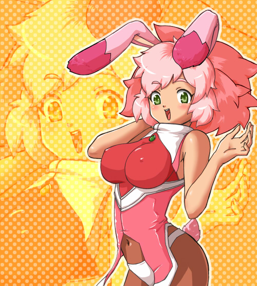 animal_ears, blush, bodysuit, breasts, bunny_ears, bunny_tail, green_eyes, happy