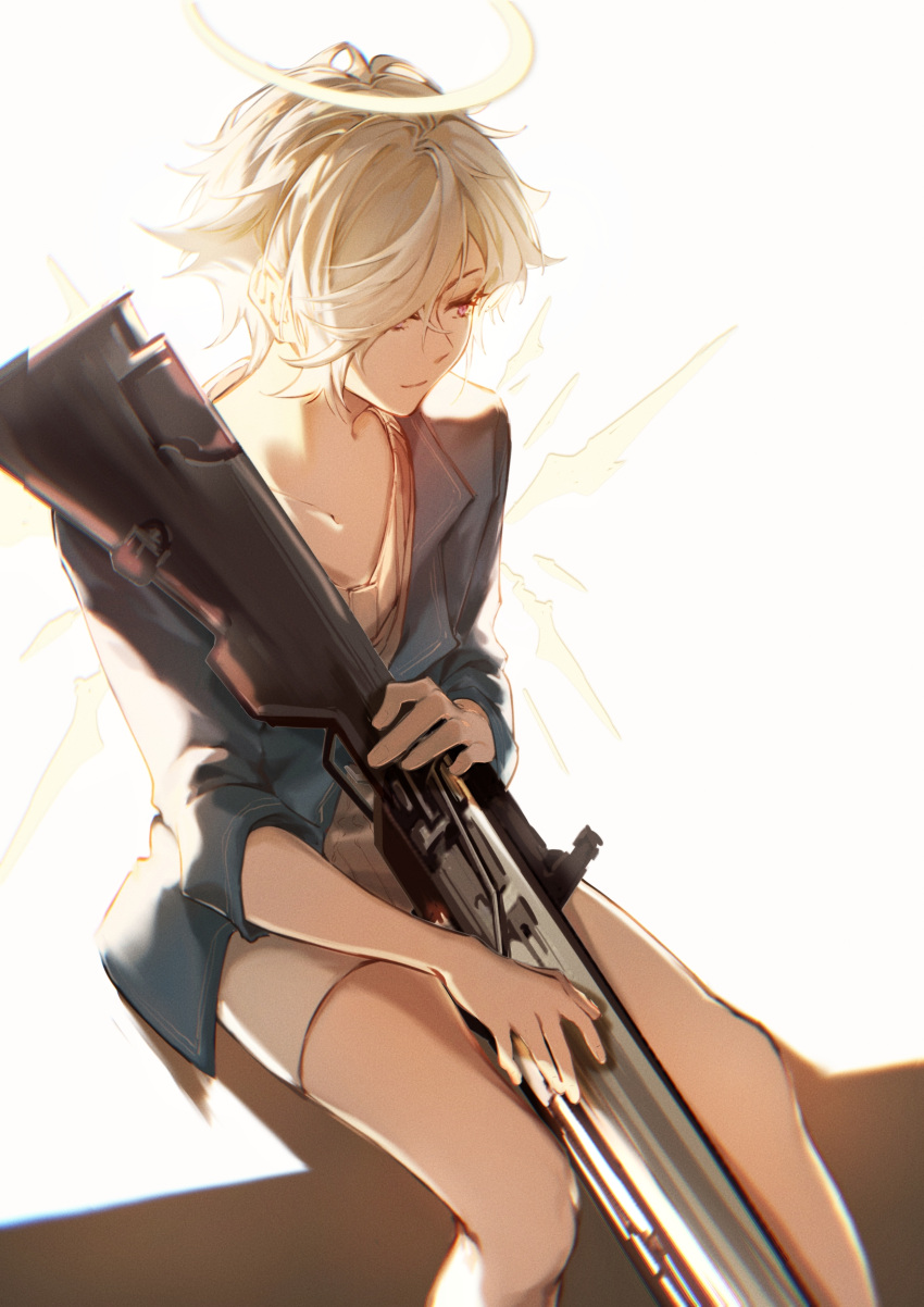 1boy, absurdres, anz1105, arknights, assault_rifle, backlighting, between_legs, blue_jacket