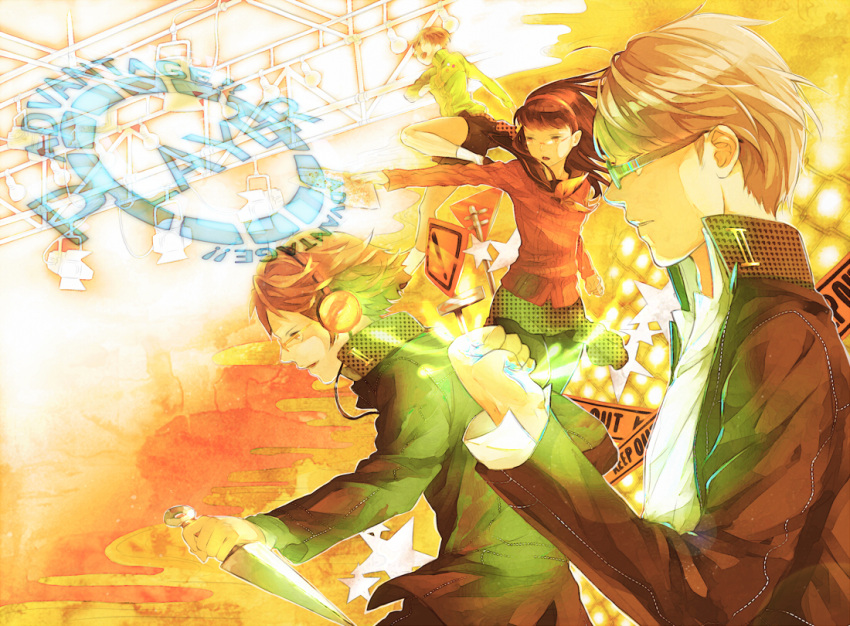 2girls, amagi_yukiko, black_hair, brown_hair, fan, folding_fan, glasses, grey_hair, hairband, hanamura_yousuke, headphones, jacket, jumping, knife, long_hair, multiple_boys, multiple_girls, narukami_yuu, pantyhose, pekopekotaro, persona, persona_4, profile, road_sign, satonaka_chie, school_uniform, serafuku, short_hair, sign, skirt