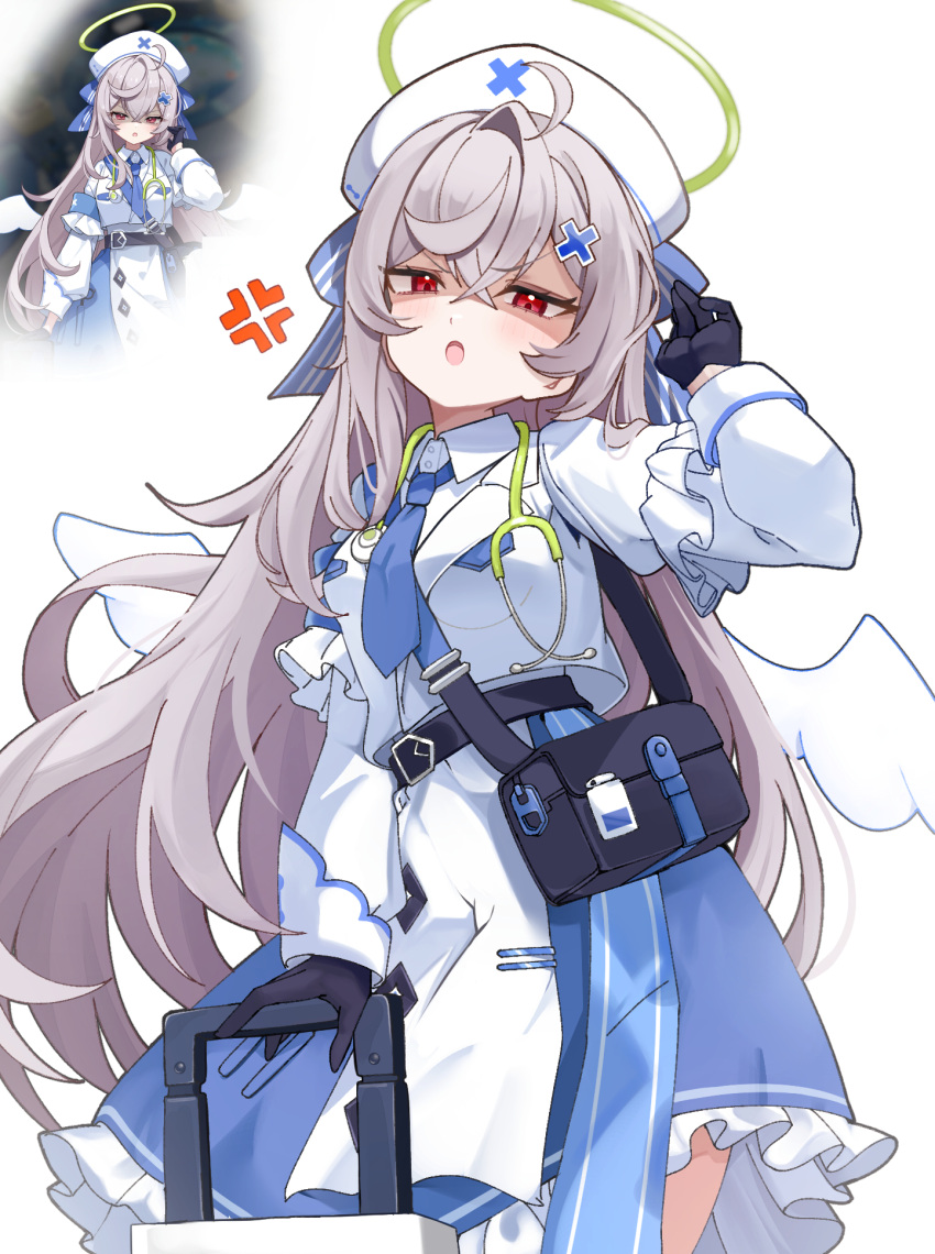 1girl, amaton707, angel, angel_wings, anger_vein, bag, beatrixa_(stella_sora), belt