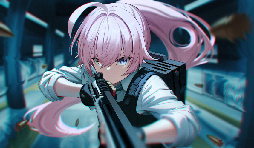 1girl, adversarial_noise, ahoge, beretta_1301, black_gloves, blue_archive, blue_eyes, blurry