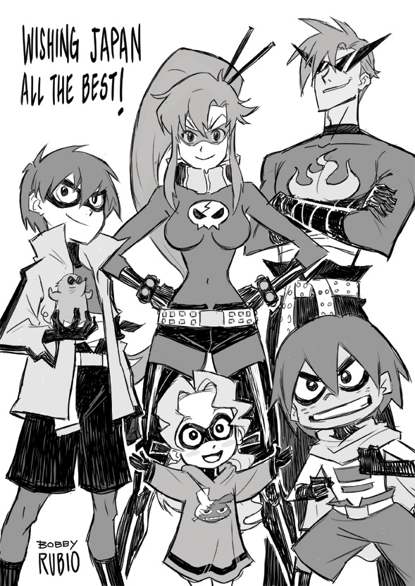belt, bobby_rubio, boota, commentary, crossed_arms, darry, darry_adai, elbow_gloves, gimmy, gimmy_adai, gloves, grin, hands_on_hips, kamina, mask, monochrome, official_art, parody, pixar, ponytail, simon, smile, studded_belt, sunglasses, superhero, tengen_toppa_gurren-lagann, tengen_toppa_gurren_lagann, the_incredibles, thighhighs, yoko_littner