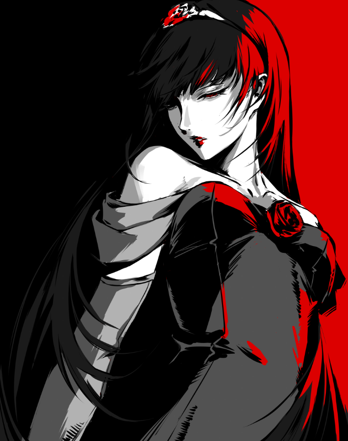 1girl, amagi_yukiko, bare_shoulders, black_background, black_hair, breasts, closed_eyes, commentary