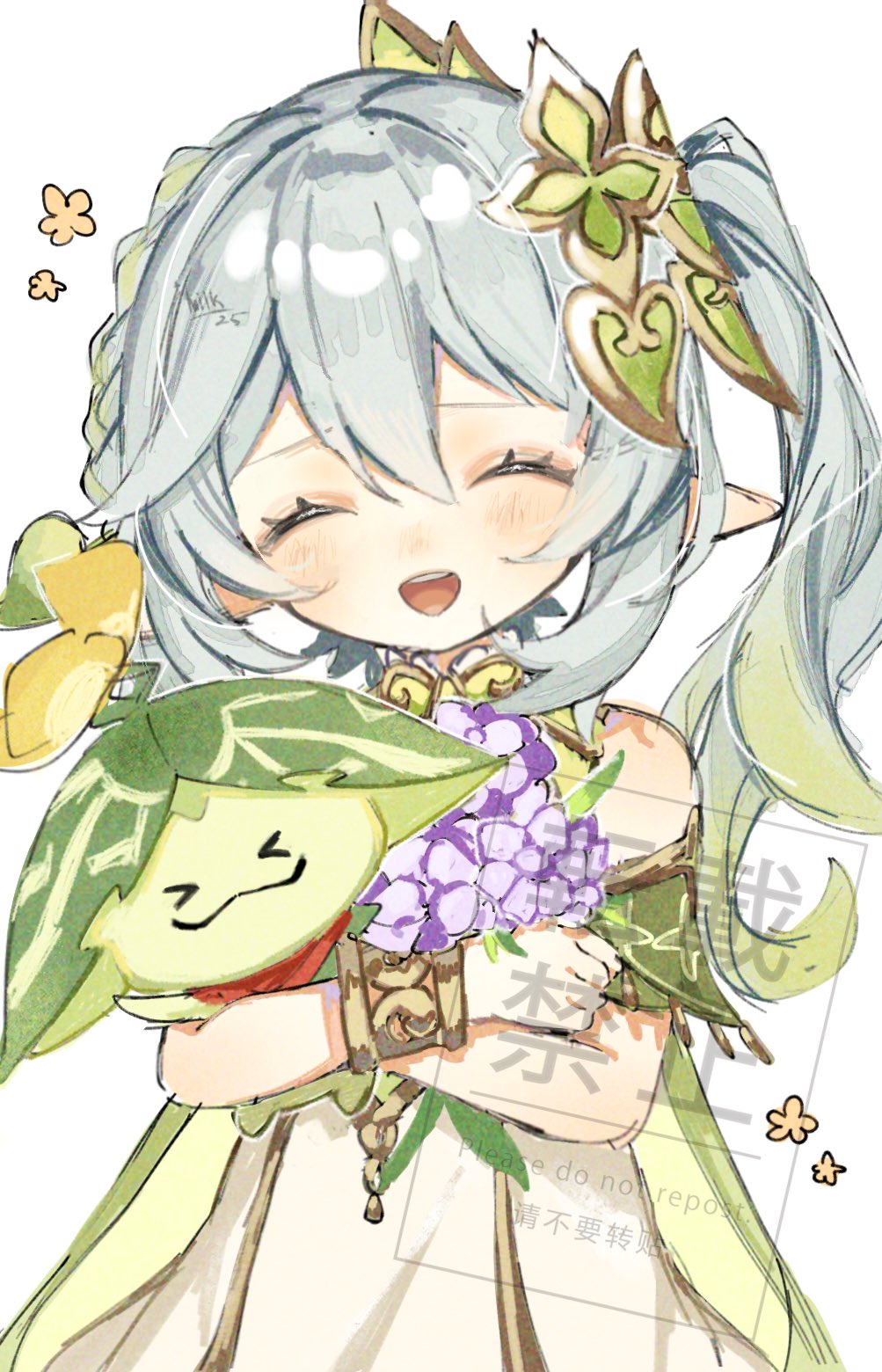 >_<, 1girl, ^_^, aranara_(genshin_impact), bare_shoulders, blush, bracelet, closed_eyes