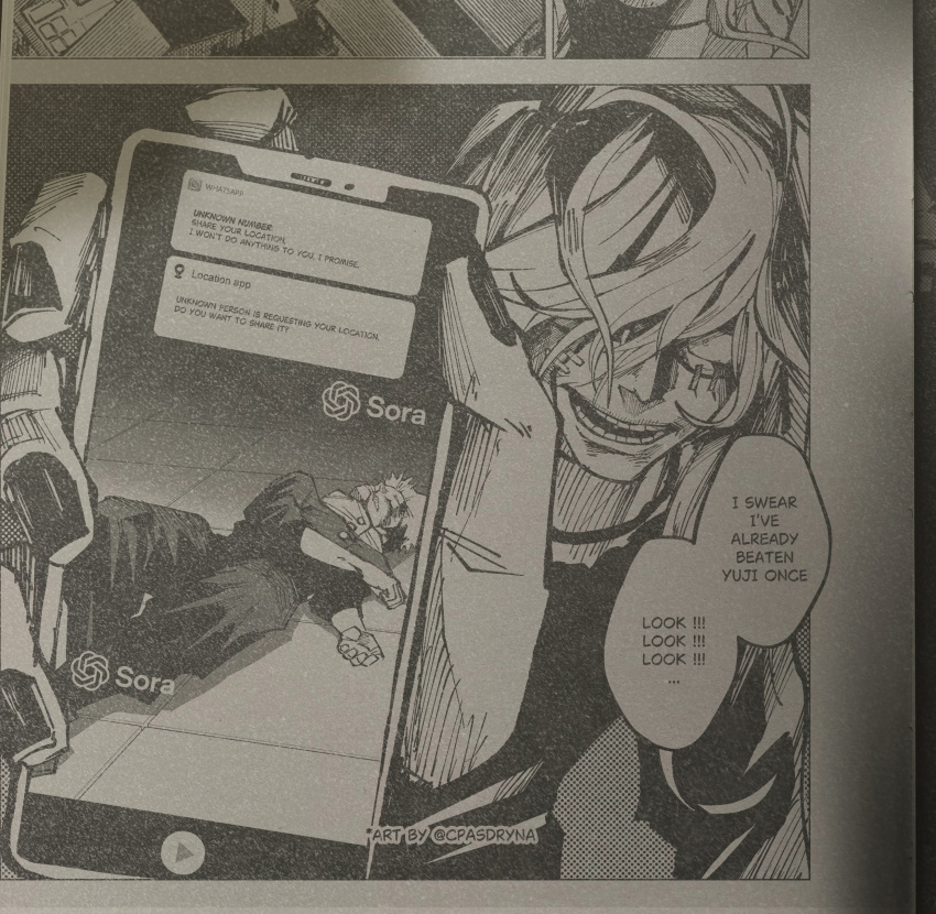 2boys, absurdres, ai-generated_art_(topic), black_nails, cellphone, defeat, english_text, fake_scan, grin, hair_over_one_eye, highres, holding, holding_phone, itadori_yuuji, jujutsu_kaisen, jujutsu_kaisen_modulo, long_hair, lying, mahito_(jujutsu_kaisen), monochrome, multiple_boys, nandry, notification, openai, phone, smartphone, smile, stitched_face, stitches, teeth, twitter_username