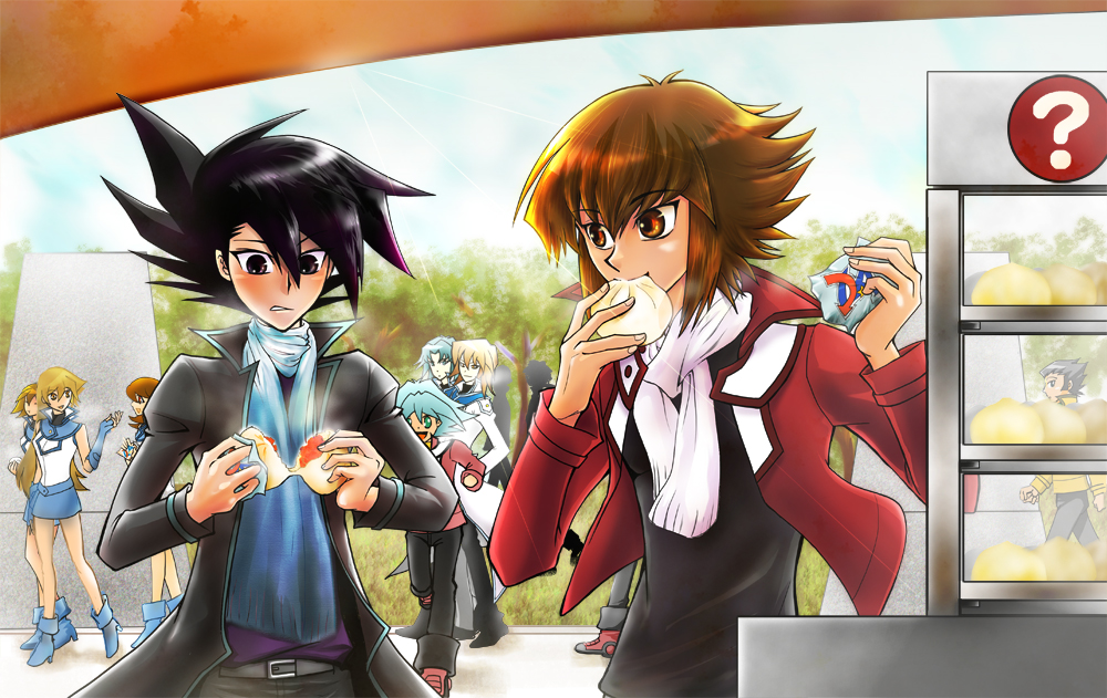 blush, brown_eyes, brown_hair, fingerless_gloves, gloves, long_hair, manjoume_jun, marufuji_ryo