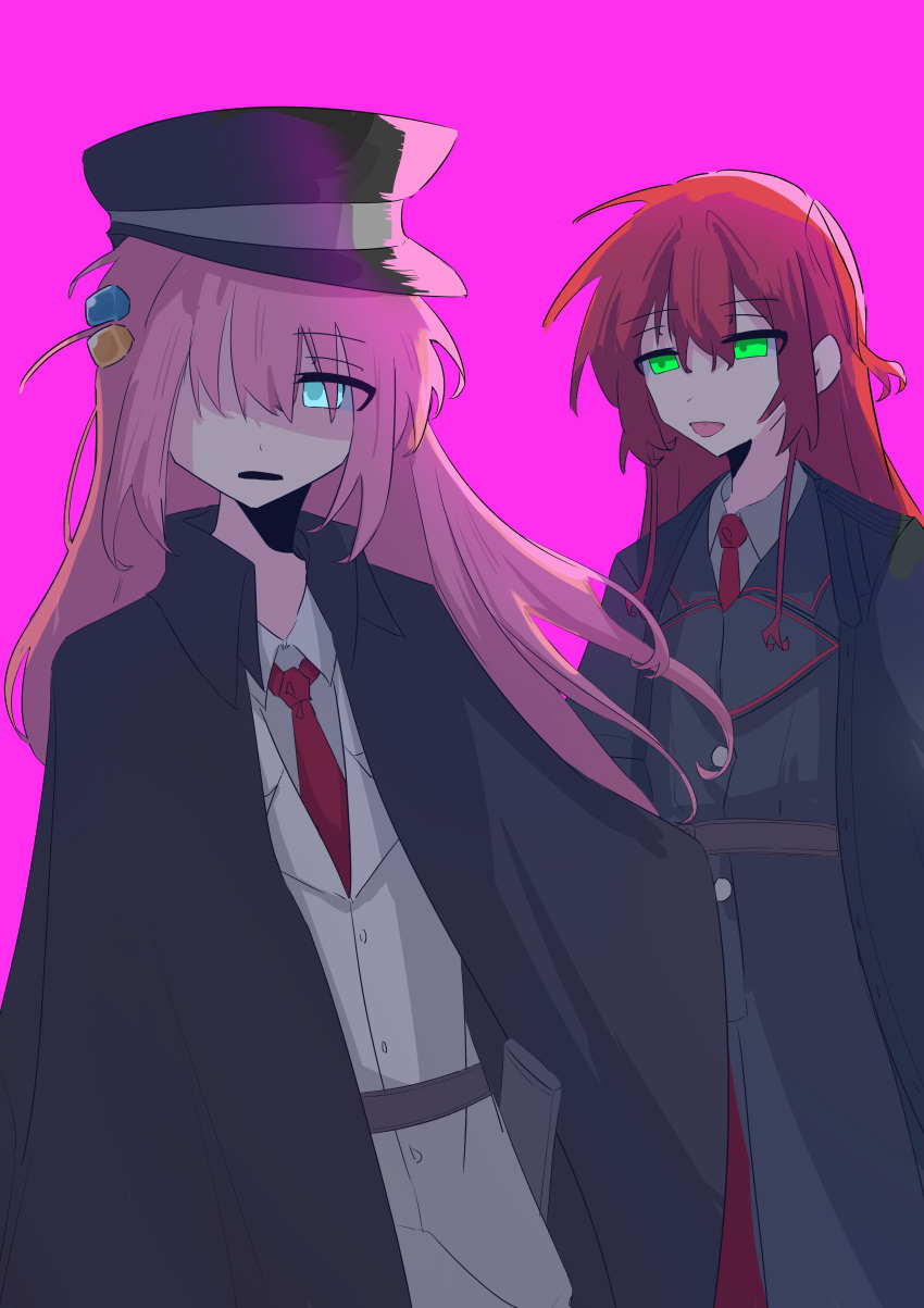 2girls, absurdres, ahoge, black_cape, blue_eyes, bocchi_the_rock!, brown_coat, cape