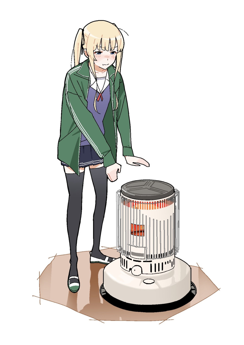 1girl, black_skirt, black_thighhighs, blonde_hair, blue_shirt, blush, faux_figurine, full_body, green_jacket, hige_(oekakikujira), highres, jacket, kerosene_heater, long_hair, long_sleeves, miniskirt, nose_blush, open_clothes, open_jacket, pleated_skirt, reflective_floor, saenai_heroine_no_sodatekata, sailor_collar, sawamura_spencer_eriri, school_uniform, serafuku, shirt, shoes, simple_background, skirt, solo, standing, thigh-highs, track_jacket, twintails, uwabaki, v-shaped_eyebrows, warming_hands, white_sailor_collar, zettai_ryouiki