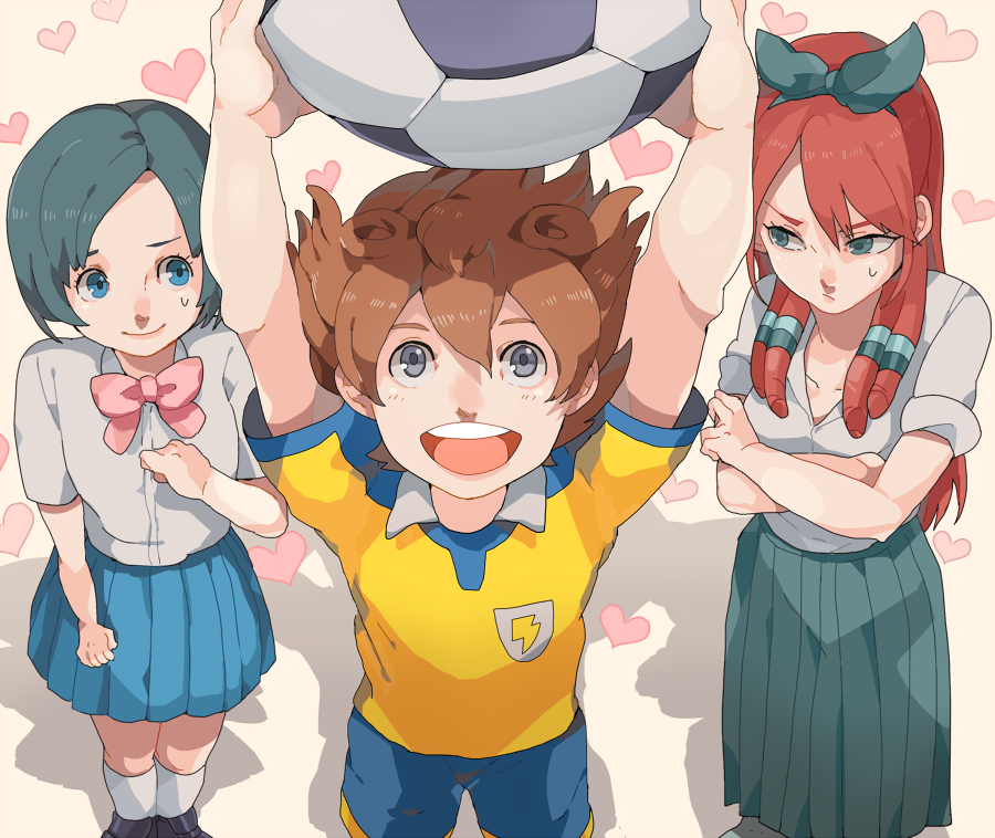 1boy, 2girls, ball, blue_eyes, blue_hair, crossed_arms, green_eyes, hair_ribbon