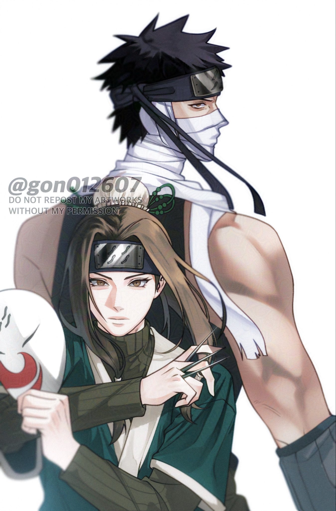 2boys, back-to-back, bandaged_neck, bandages, bandages_over_mouth, bare_shoulders, black_hair, black_headband