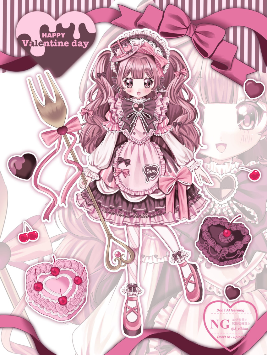 1girl, accurate_lolita_coord, apron, bonnet, bow, brown_bonnet, brown_bow, brown_dress, brown_hair, cake, checkerboard_cookie, cherry, choco_girl, commentary, cookie, dress, fashion, flat_chest, food, fork, frilled_socks, frills, fruit, hat, heart, highres, holding, holding_fork, lolita_fashion, long_hair, long_sleeves, mini_hat, mini_top_hat, original, oversized_object, pantyhose, pink_apron, pink_bow, pink_shoes, shoes, smile, socks, solo, spoon, sweet_lolita, symbol-only_commentary, top_hat, twintails, very_long_hair, white_socks, yuni_(s_ribbon), zoom_layer