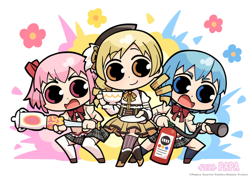 3girls, artist_name, black_gloves, black_skirt, blonde_hair, blue_eyes, blue_hair, boots, brown_boots, brown_eyes, brown_hat, brown_shoes, brown_thighhighs, chibi, chibi_only, closed_mouth, commentary_request, copyright_notice, cup, detached_sleeves, fingerless_gloves, full_body, gloves, hair_ribbon, hat, highres, holding, holding_cup, holding_fire_extinguisher, holding_plate, juliet_sleeves, kaname_madoka, long_hair, long_sleeves, magical_girl, mahou_shoujo_madoka_magica, mahou_shoujo_madoka_magica_(anime), miki_sayaka, mitakihara_school_uniform, multiple_girls, neck_ribbon, official_art, open_mouth, papa_(shimeguru), pink_eyes, pink_hair, plate, pleated_skirt, puffy_sleeves, red_ribbon, ribbon, school_uniform, second-party_source, shirt, shoes, short_hair, short_sleeves, short_twintails, skirt, smile, standing, striped_clothes, striped_thighhighs, teacup, thick_eyebrows, thigh-highs, tomoe_mami, tomoe_mami_(magical_girl), twintails, v-shaped_eyebrows, vertical-striped_clothes, vertical-striped_thighhighs, white_shirt, white_sleeves, white_thighhighs, yellow_ribbon, yellow_shirt, zettai_ryouiki
