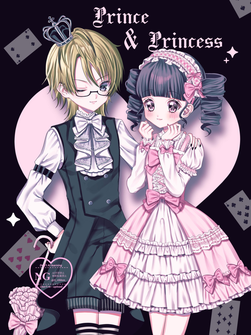 1boy, 1girl, accurate_lolita_coord, ascot, bishounen, black_hair, black_shorts, black_vest
