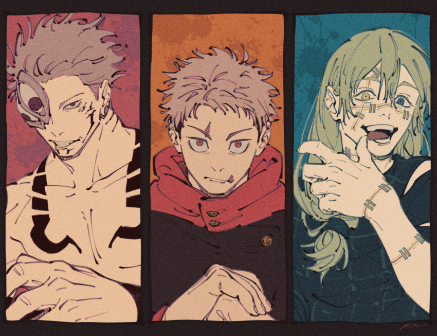 3boys, arm_up, black_border, black_jacket, black_shirt, blue_eyes, body_markings, border, brown_hair, collarbone, commentary, cursed_spirit_(jujutsu_kaisen), double-parted_bangs, english_commentary, extra_eyes, facial_mark, finger_to_mouth, green_hair, grin, hair_between_eyes, heterochromia, high_collar, highres, itadori_yuuji, jacket, jujutsu_kaisen, long_hair, looking_at_viewer, mahito_(jujutsu_kaisen), male_focus, mim_(mimya0600), multiple_boys, open_mouth, own_hands_together, pectorals, red_eyes, ryoumen_sukuna_(jujutsu_kaisen), sanpaku, scar, scar_on_face, shirt, short_sideburns, smile, stitched_arm, stitched_face, stitched_mouth, stitched_wrist, stitches, teeth, tongue, tongue_out, topless_male, upper_body, yellow_eyes