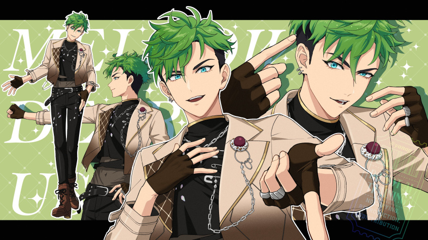 1boy, absurdres, belt, belt_buckle, black_pants, blue_eyes, boots, brown_gloves, brown_shirt, buckle, chain, clenched_hand, closed_mouth, commentary_request, earrings, ensemble_stars!, fingerless_gloves, gloves, green_hair, hand_on_own_chest, hand_on_own_hip, hands_up, highres, index_finger_raised, jewelry, kojika_juis, lapels, looking_at_viewer, looking_to_the_side, multiple_views, navel, notched_lapels, open_mouth, outstretched_arm, outstretched_hand, pants, safety_pin, shirt, shoelaces, short_hair, sparkle, teeth, three-quarter_sleeves, undercut, upper_teeth_only, very_short_hair, watermark, yanag_f