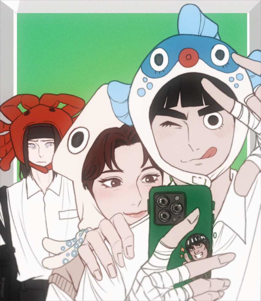 1girl, 2boys, bandaged_hand, bandages, black_hair, black_headband, blunt_bangs, bowl_cut