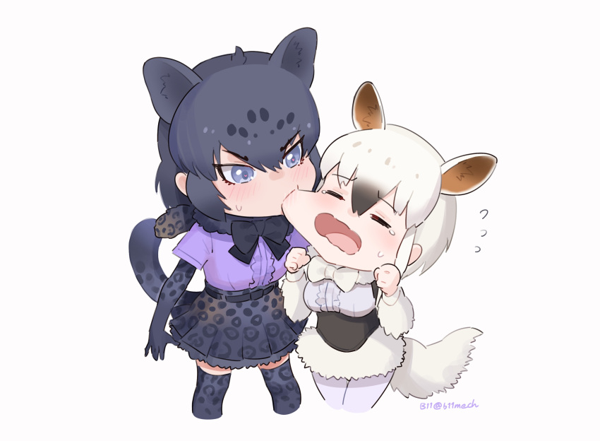 2girls, animal_ears, animal_print, anteater_ears, anteater_tail, beleven, black_bow, black_bowtie