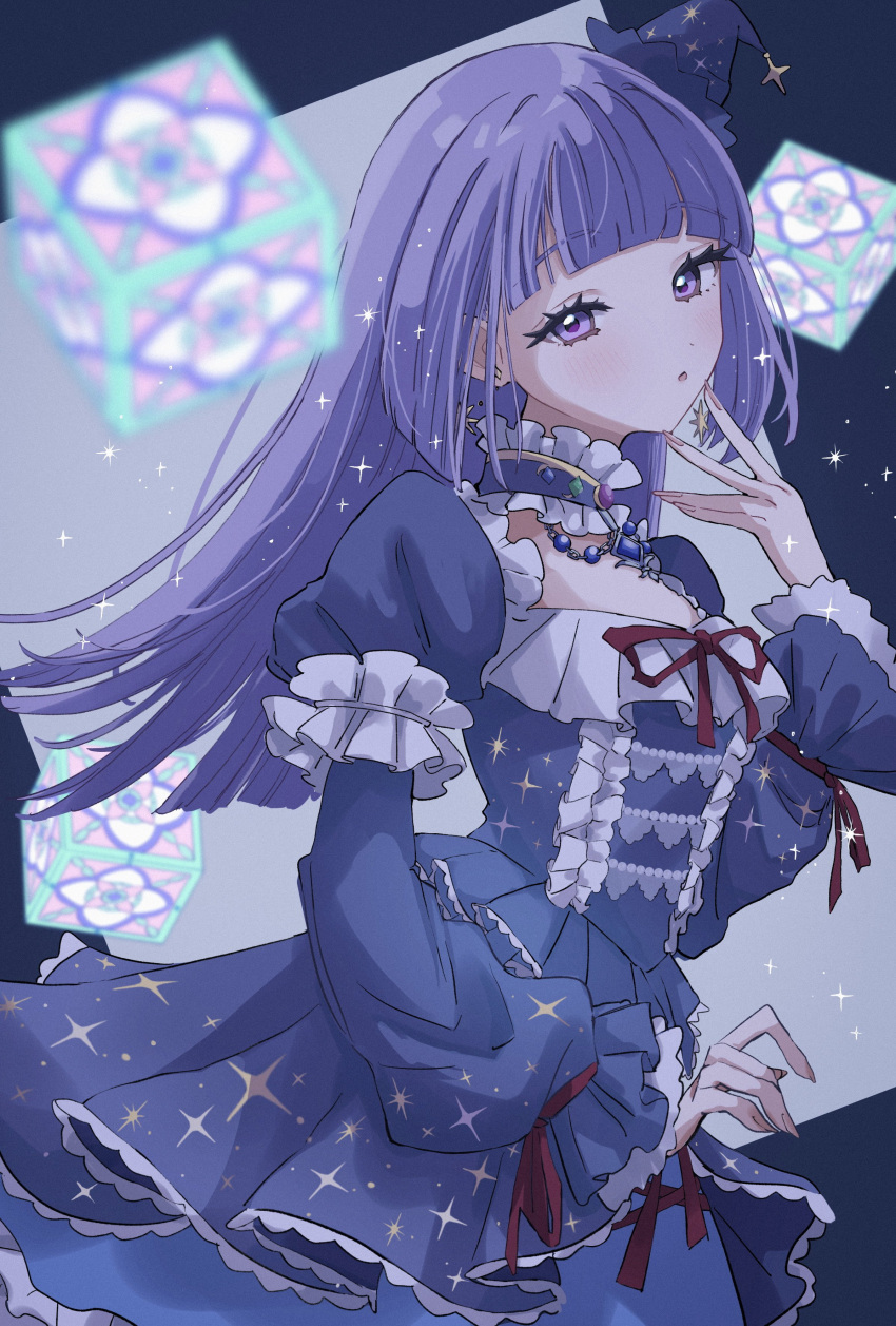 1girl, absurdres, aikatsu!_(series), blue_dress, blunt_bangs, blunt_ends, blunt_sidelocks, blurry