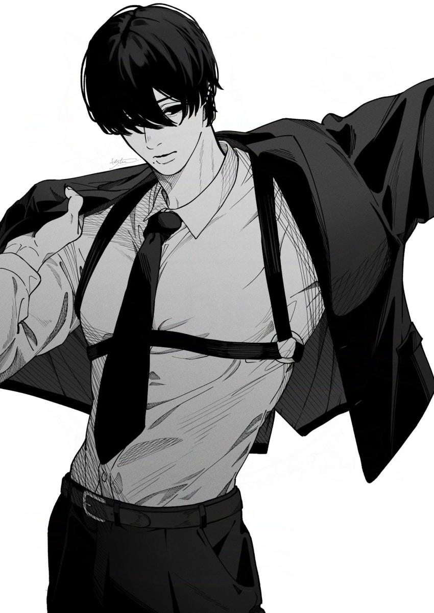 1boy, belt, chainsaw_man, chest_strap, collared_shirt, dressing, ear_piercing, greyscale