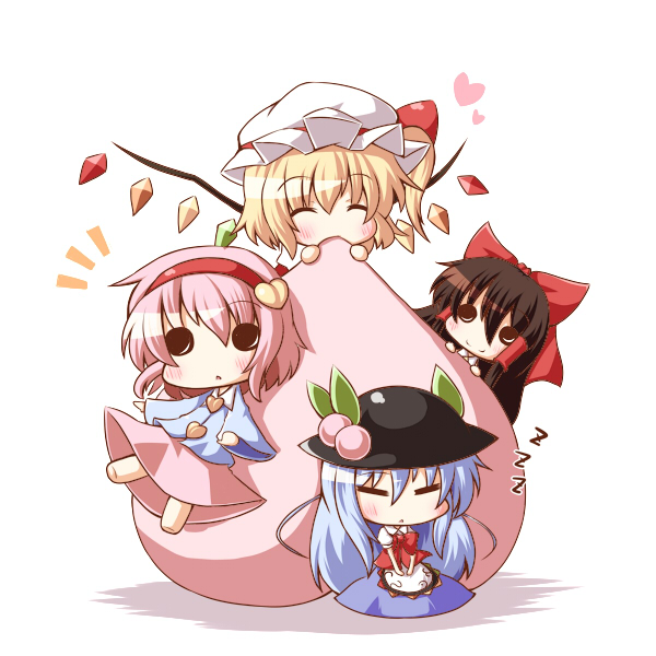 blonde_hair, blue_hair, bow, brown_hair, chibi, eating, flandre_scarlet, food
