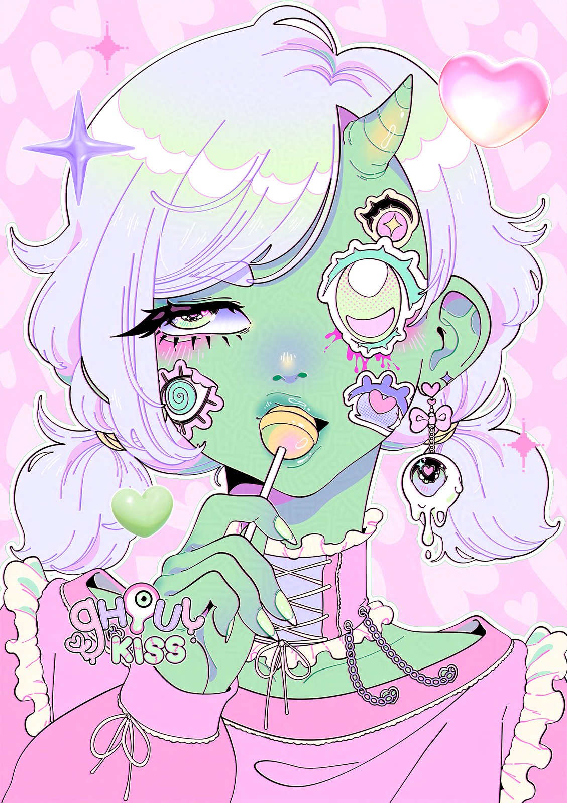 1girl, artist_logo, blood, blue_sclera, candy, chain, choker, colored_sclera