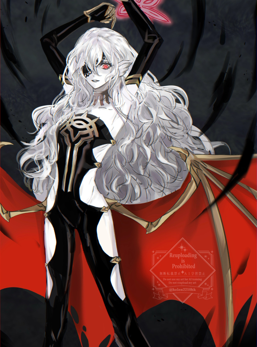 1girl, animal_ears, bat_wings, black_bodysuit, black_lips, bodysuit, breasts, commentary, embla_(fire_emblem), eyepatch, fire_emblem, fire_emblem_heroes, gold_trim, grey_background, halo, helen_(helen2210hk), highres, lipstick, long_hair, makeup, metal_gloves, pointy_ears, red_eyes, skinny, small_breasts, solo, unkempt, very_long_hair, watermark, wings
