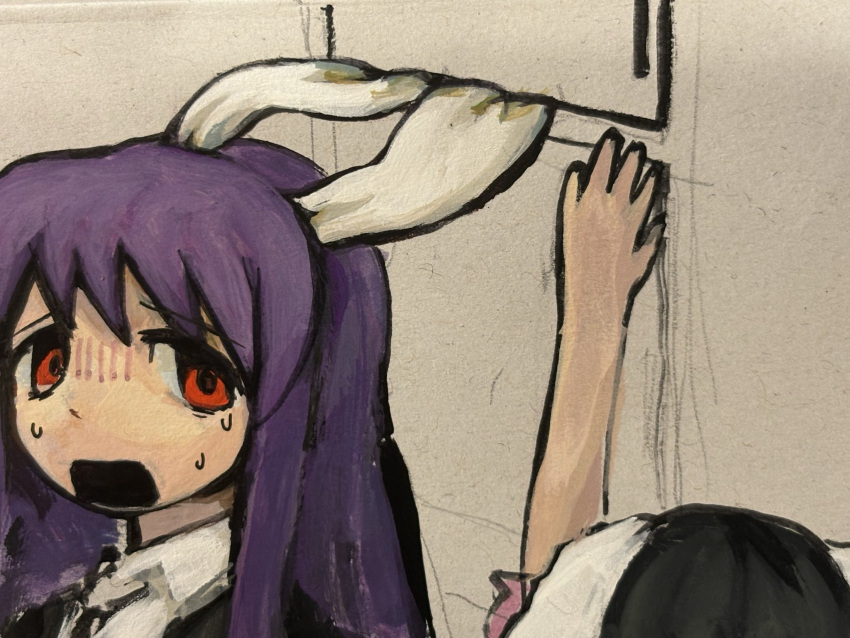 2girls, animal_ears, aoiseshin, arm_up, black_hair, cabinet, collared_shirt, commentary_request, frown, gloom_(expression), highres, inaba_tewi, long_hair, looking_to_the_side, multiple_girls, nervous_sweating, open_mouth, portrait, purple_hair, rabbit_ears, rabbit_girl, reaching, red_eyes, reisen_udongein_inaba, shirt, stuck, sweat, touhou, worried