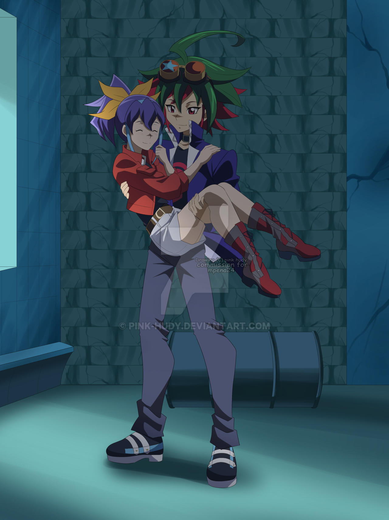 1boy, 1girl, blue_jacket, boots, bow, carrying, carrying_person, closed_eyes, closed_mouth, full_body, hair_bow, highres, jacket, pink-hudy, princess_carry, purple_hair, red_boots, sakaki_yuya, serena_(yu-gi-oh!), skirt, smile, yu-gi-oh!, yu-gi-oh!_arc-v