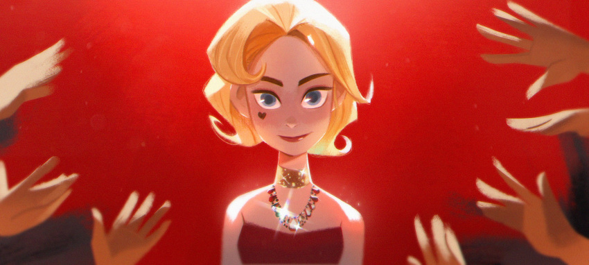1girl, bare_shoulders, birds_of_prey, blonde_hair, blue_eyes, choker, commentary, dc_comics