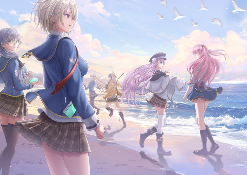 6+girls, absurdres, aikawa_megumi, asakura_karen_(heaven_burns_red), beach, bird, black_pantyhose, black_socks, black_thighhighs, blonde_hair, blue_jacket, blue_skirt, blue_sky, boots, bow, breasts, brown_skirt, capelet, cellphone, clothes_around_waist, clouds, collared_shirt, day, floating_hair, flock, full_body, glasses, green_eyes, grey_hair, hair_between_eyes, hair_bow, hair_ornament, hair_ribbon, hat, heaven_burns_red, highres, holding, holding_phone, hood, izumi_yuki_(heaven_burns_red), jacket, jacket_around_waist, kayamori_ruka, kepekki_kanojo, knee_boots, kneehighs, kunimi_tama, large_breasts, long_hair, long_sleeves, medium_breasts, military_hat, miniskirt, multiple_girls, necktie, ocean, open_mouth, outdoors, pantyhose, parted_lips, peaked_cap, phone, pink_hair, plaid_clothes, plaid_skirt, pleated_skirt, purple_hair, red_eyes, red_necktie, red_ribbon, ribbon, running, sailor_collar, sand, school_uniform, seagull, shirt, shore, short_hair, skirt, sky, smartphone, smile, socks, standing, thigh-highs, toujou_tsukasa, twintails, two_side_up, very_long_hair, walking, waves, white_capelet, white_jacket, white_shirt, white_thighhighs, yellow_jacket, zettai_ryouiki