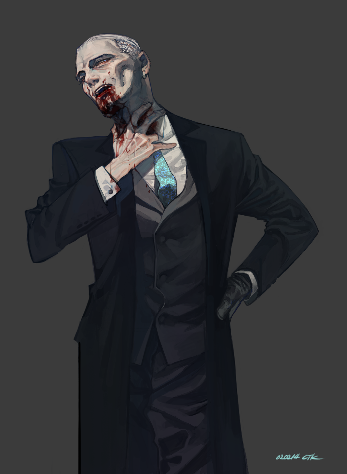 1boy, black_gloves, black_suit, blood, blood_from_mouth, blood_on_hands, blue_necktie, collared_shirt, ctkcave, dress_pants, ear_piercing, gloves, grey_background, grey_vest, hand_on_own_hip, hand_on_own_neck, male_focus, necktie, old, old_man, open_mouth, original, piercing, shirt, simple_background, single_glove, solo, suit, vest, white_hair, white_shirt, yellow_eyes