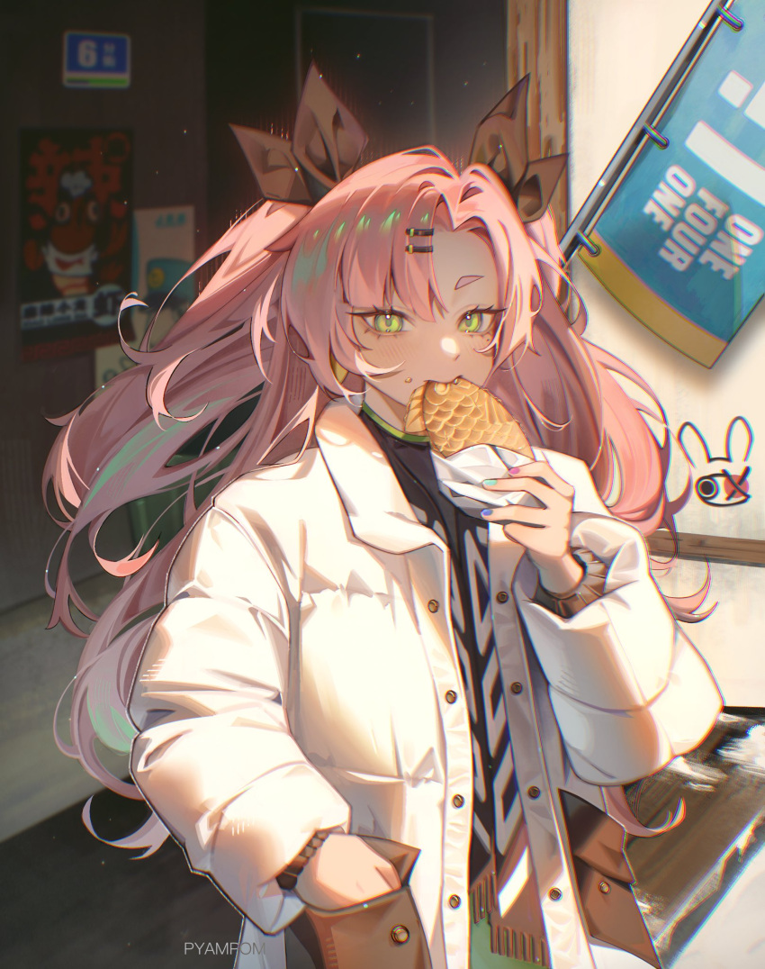 1girl, artist_name, black_ribbon, black_scarf, black_shirt, bread_crust, buttons, earrings