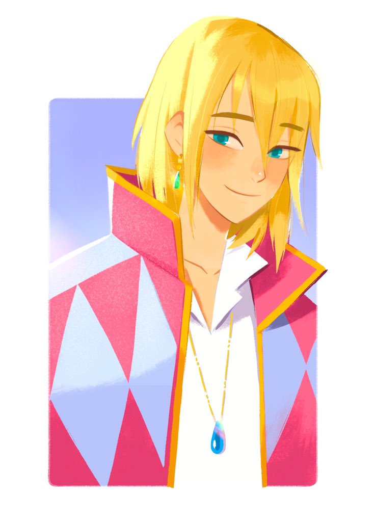 1boy, blonde_hair, border, closed_mouth, commentary, earrings, hair_between_eyes, howl_(howl_no_ugoku_shiro)