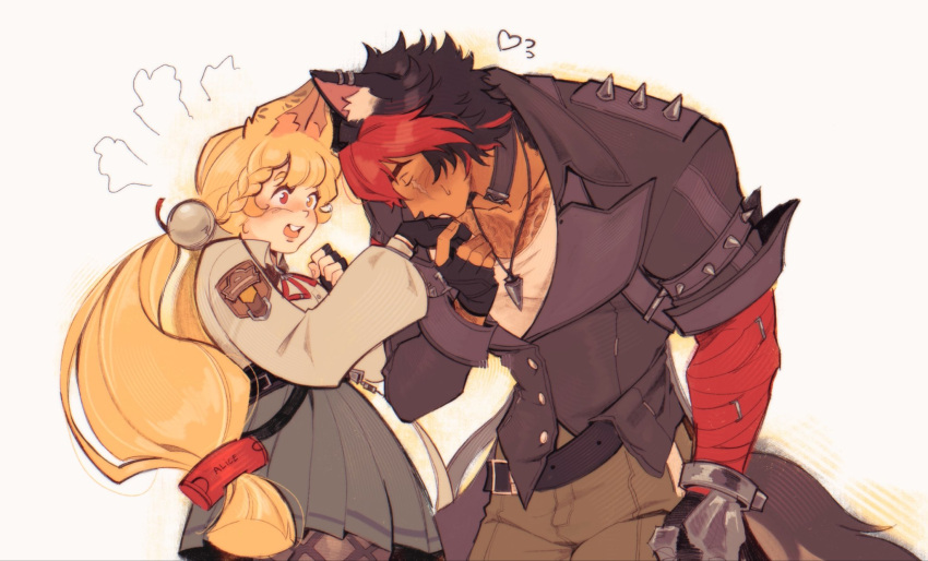 1boy, 1girl, alice_thymefield, animal_ears, bandaged_arm, bandages, black_coat, blonde_hair