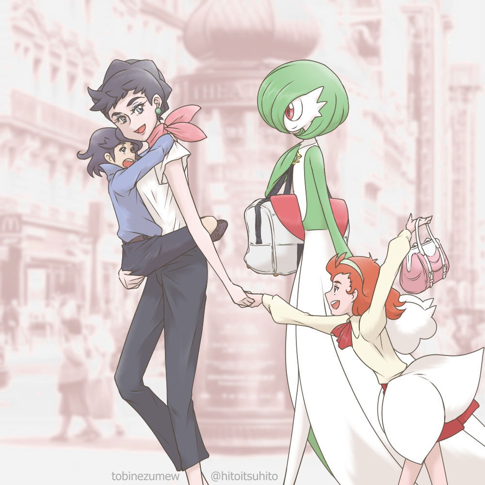 1boy, 3girls, arms_around_neck, bag, behind_another, black_hair, black_pants, blue_shirt, bob_cut, child, city, colored_skin, diantha_(pokemon), dress, english_commentary, gardevoir, green_hair, grey_eyes, handbag, happy, hitoitsuhito, holding, holding_bag, holding_hands, hug, hug_carry, leaning_on_person, leg_lock, looking_back, makeup, messenger_bag, mother_and_daughter, mother_and_son, multicolored_skin, multiple_girls, neckerchief, open_mouth, outdoors, outstretched_arm, pants, photo_background, pokemon, pokemon_(creature), pokemon_xy, red_eyes, red_hair, red_neckerchief, running, sepia, shirt, short_hair, shoulder_bag, skirt, smile, turning_head, two-tone_skin, white_dress, white_shirt, white_skirt, yellow_dress