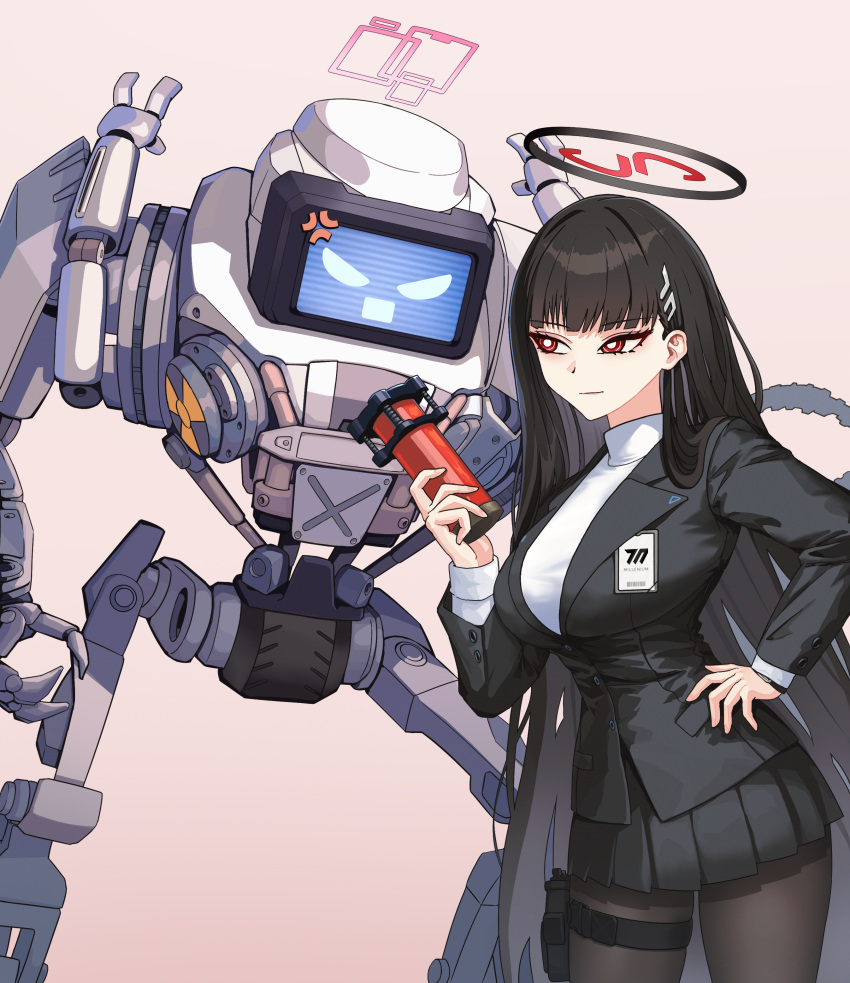 1girl, absurdres, black_hair, black_jacket, black_pantyhose, black_skirt, blazer, blue_archive
