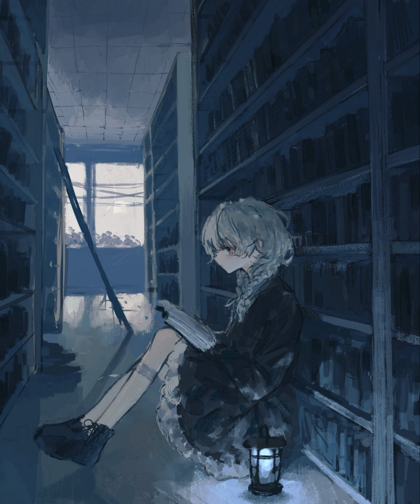 1girl, against_bookshelf, black_boots, black_dress, book, bookshelf, boots, braid