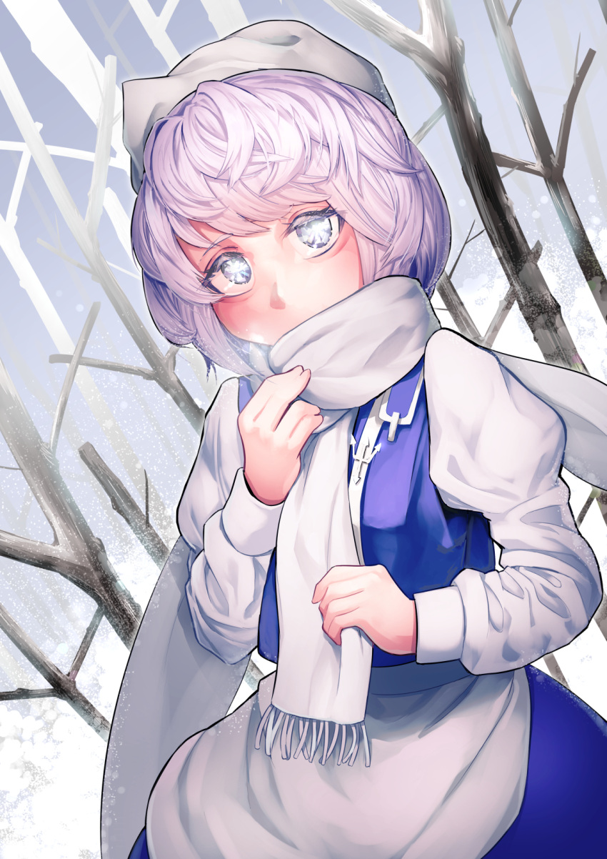 1girl, aegyo_sal, apron, blue_skirt, blue_vest, blush, breath, commentary