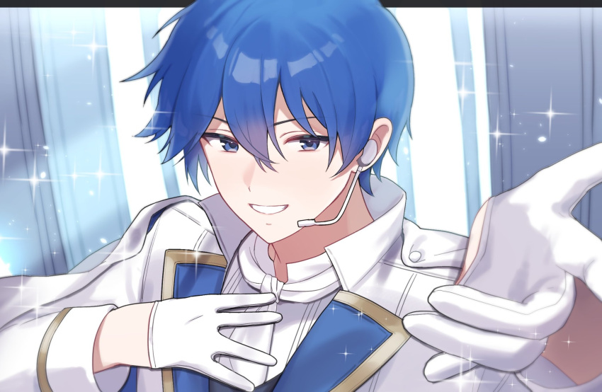 1boy, :d, akikan_sabako, blue_eyes, blue_hair, blue_view_(vocaloid), collared_shirt, commentary_request