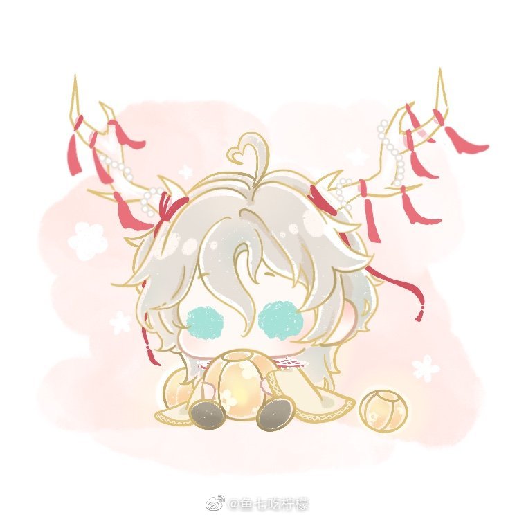 1boy, ahoge, antenna_hair, antler_ribbon, antlers, aqua_eyes, beads, black_shirt, chibi, chinese_commentary, collar, commentary_request, covered_mouth, detached_collar, floral_background, grey_hair, hair_between_eyes, heart_antenna_hair, holding, holding_lantern, horns, lantern, light_blush, long_hair, long_hair_between_eyes, long_sleeves, luming_(shining_nikki), male_focus, nikki_(series), paper_lantern, pink_background, red_ribbon, ribbon, shining_nikki, shirt, sitting, solid_oval_eyes, solo, two-tone_background, watermark, weibo_watermark, white_background, white_collar, wide_sleeves, xiaoyu_qixing, yellow_hanfu, yunjian